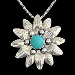 Vintage Taxco Mexico Large sterling silver and turquoise flower pendant